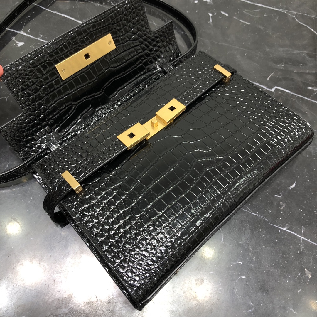 Saint Laurent Small Manhattan Box Crocodile Embossed Calfskin Shoulder Bag Black 675626 